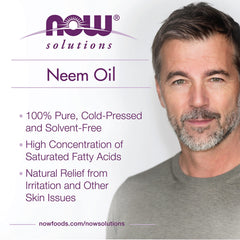 NOW Foods neem oil envase en EE. UU., calidad familiar desde 1968.