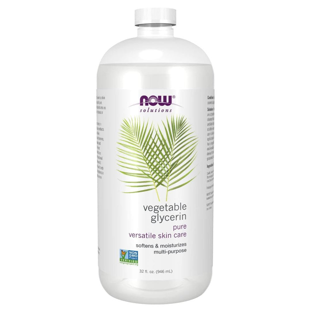 NOW Foods Solutions Glicerina Vegetal, frasco transparente, protege piel con hidratación suave.