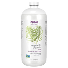 NOW Foods Solutions Glicerina Vegetal, frasco transparente, protege piel con hidratación suave.