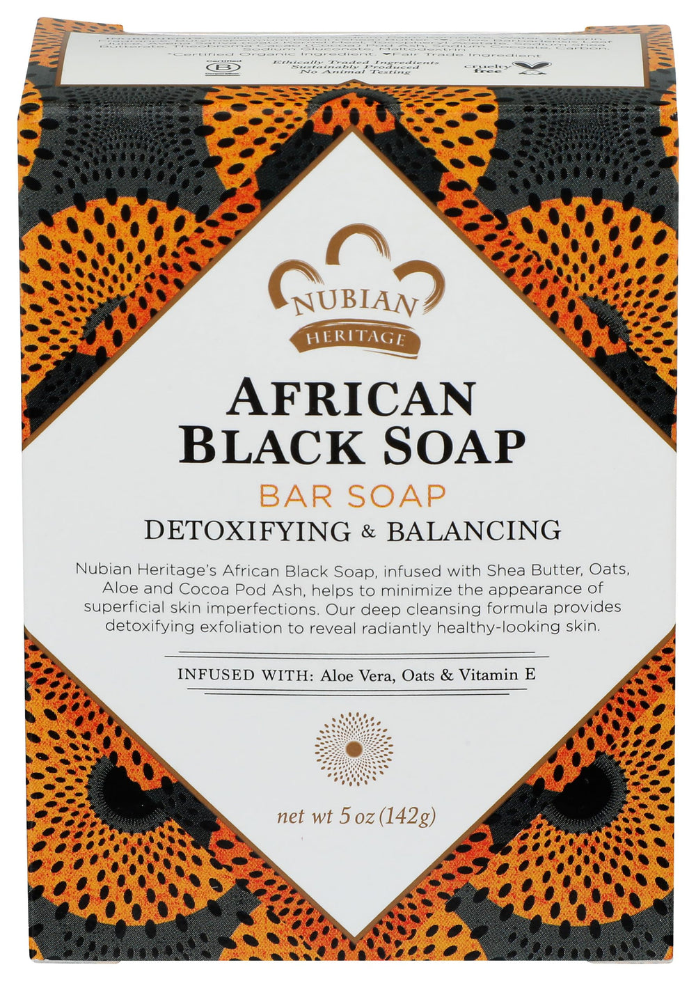 Nubian Heritage African Black Soap Bar packaging highlights premium ingredients.