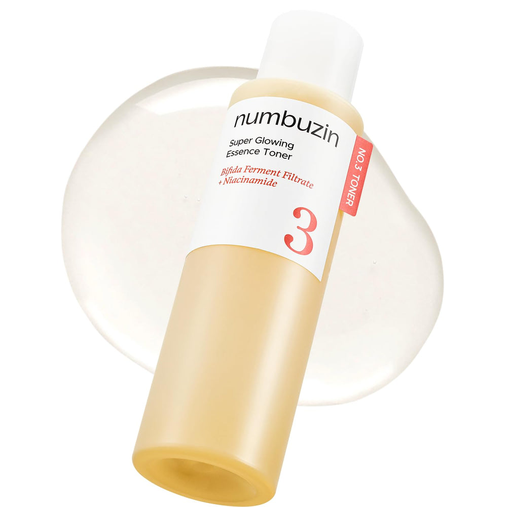 Numbuzin No.3 glowing toner bottle close-up for hydrated, radiant skin.