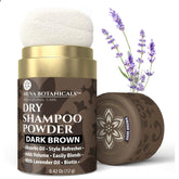 Nuva Botanicals dark brown dry shampoo powder blends with color and soaks up oil.