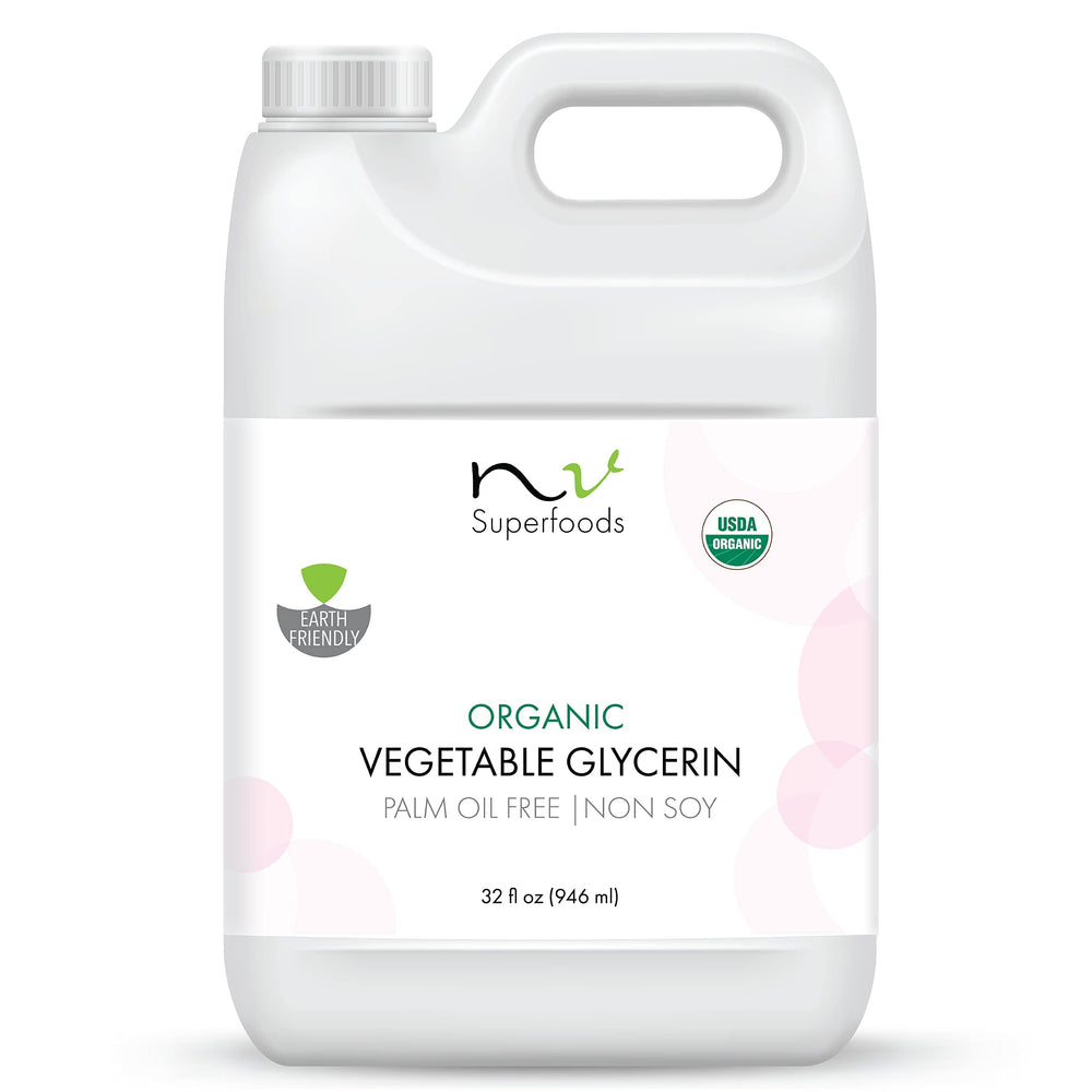NV Superfoods Organic Vegetable Glycerin bottle pour shows a clear, odorless base for skin and crafts.