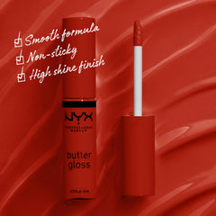 NYX Butter Gloss Apple Crisp on lips for a kissable, non-feathering color.