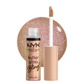 NYX Butter Gloss Bling swatch shows shimmering non-sticky shine for lips