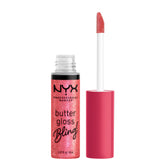 NYX Butter Gloss Bling tube with sparkling shine on lips