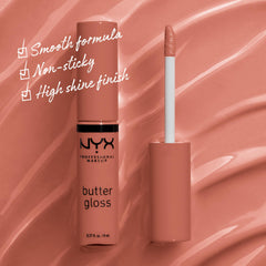 NYX Professional Makeup Butter Gloss Brown Sugar application demonstrates sheer to medium coverage with a non-sticky shine.