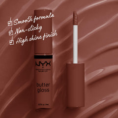 NYX Butter Gloss Brown Sugar Brownie Drip swatch on lips with deep brown shine.