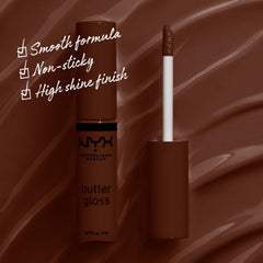 NYX Butter Gloss Brown Sugar Lava Cake swatches reveal creamy nude payoff