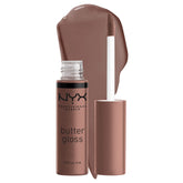 NYX Butter Gloss Brown Sugar swatches show rich, buttery shine without stickiness.