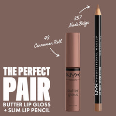 NYX Butter Gloss Brown Sugar on top of lipstick for a glossy pop of shine.