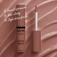 Closeup of NYX Butter Gloss Brown Sugar tube with creamy texture.