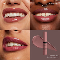 NYX Butter Gloss Cinnamon Roll on lips for silky shine