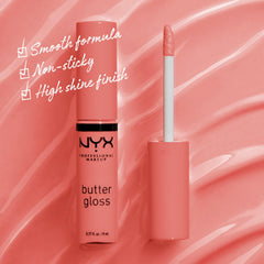 NYX Butter Gloss Creme Brulee being applied showing creamy non-sticky texture on lips