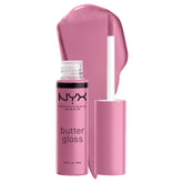 NYX Butter Gloss Eclair pink application delivers a creamy, non-sticky finish.