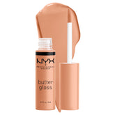 NYX Butter Gloss Fortune Cookie nude lip gloss swatch on hand shows sheer to medium shine