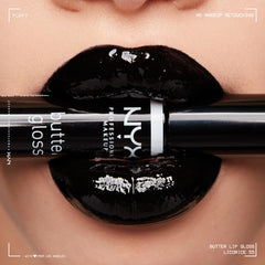 Packaging image of NYX Butter Gloss Licorice Black in a sleek tube.