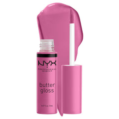 NYX Butter Gloss Merengue pink lilac bottle with soft, non-sticky shine.