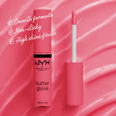 NYX Butter Gloss Peaches and Cream wand application shows smooth, easy gloss glide.