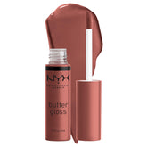 NYX Butter Gloss Praline swatch shows creamy nude shine with non-sticky feel.