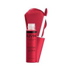 NYX Butter Gloss Red Velvet bottle showing a rich red shade for everyday glam