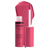 NYX Butter Gloss Strawberry Cheesecake bottle closeup shows warm pink shine