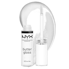 NYX PROFESSIONAL MAKEUP Butter Gloss Sugar Glass application shows silky, non-sticky shine.