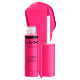 NYX Butter Gloss Summer Fruit bottle displays vibrant hot pink lip shine