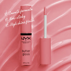 NYX Butter Gloss Tiramisu brown lip swatch showing sheer to medium coverage.