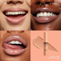 Close up wand application of NYX Butter Gloss illustrates silky texture for easy coverage