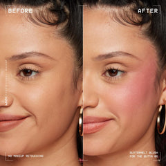 NYX Buttermelt Powder Blush tono durazno suave, color cálido natural.