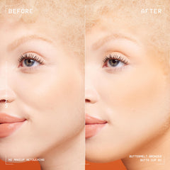 Muestras del bronceador Buttermelt en piel, tono claro neutro.