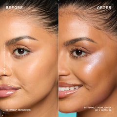 NYX Buttermelt Highlighter aplicación en mejillas para pómulos con brillo suave.