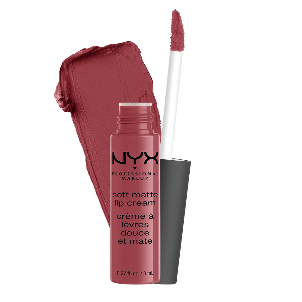 NYX Soft Matte Lip Cream Budapest swatch shows deep mauve with red undertone.