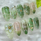 NZRAESTRS green press-on nails with floral 3D beads for quick salon-like manicures