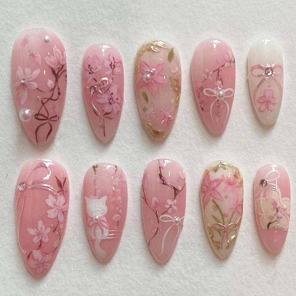 NZRAESTRS uñas postizas con flores rosas y perlas para un look elegante