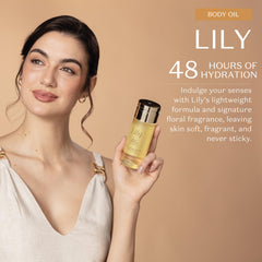 O Boticário Lily Body Oil applied on skin for silky, non-greasy finish