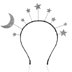 diadema oarkive galaxia con luna y estrella plateadas, ideal para estilos temáticos nocturnos