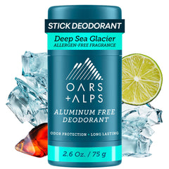 Desodorante sin aluminio para hombre Oars + Alps en frasco: protección duradera, sin residuos blancos.