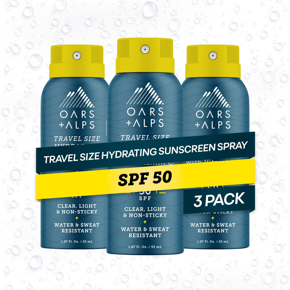 Oars + Alps SPF 50 face and body spray bottle for fast, lightweight sun protection.