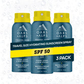 Oars + Alps SPF 50 face and body spray bottle for fast, lightweight sun protection.