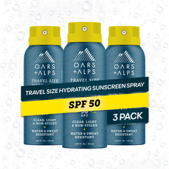 Oars + Alps SPF 50 face and body spray bottle for fast, lightweight sun protection.
