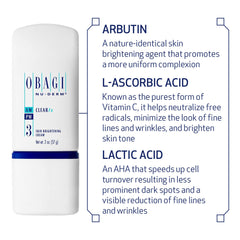 Obagi Nu-Derm Clear Fx ingredient label emphasizes arbutin and vitamin C in the formula