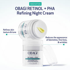 Obagi Medical Retinol and PHA Refining Night Cream jar closeup highlighting creamy texture for smoother skin
