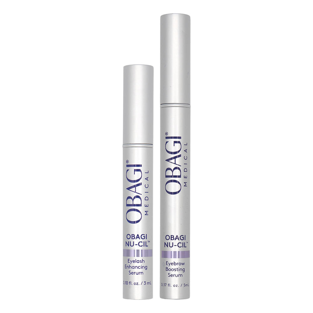 Obagi Nu-Cil serum bottle closeup for enhanced lash and brow appearance.