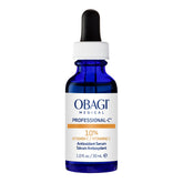 Obagi Professional-C 10% Serum bottle on a bathroom shelf for daily brightening.
