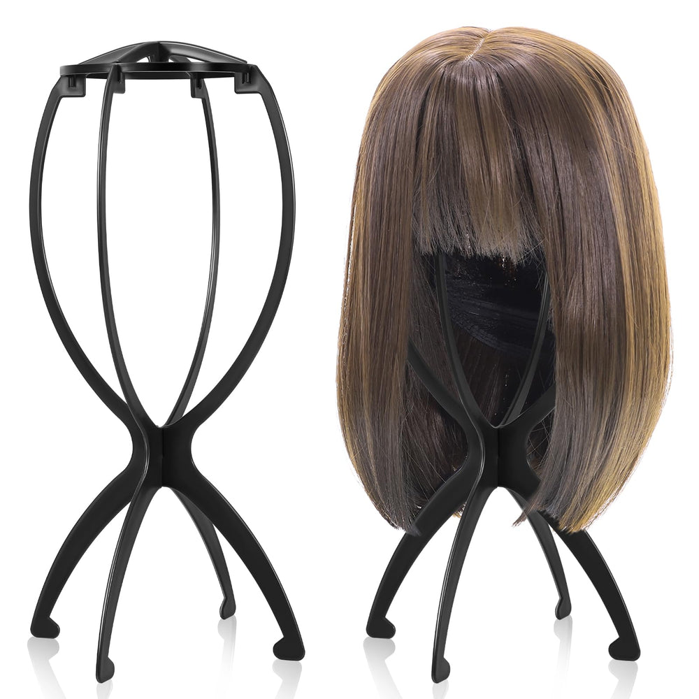 obeoby wig stand folded for travel and storage efficiency.