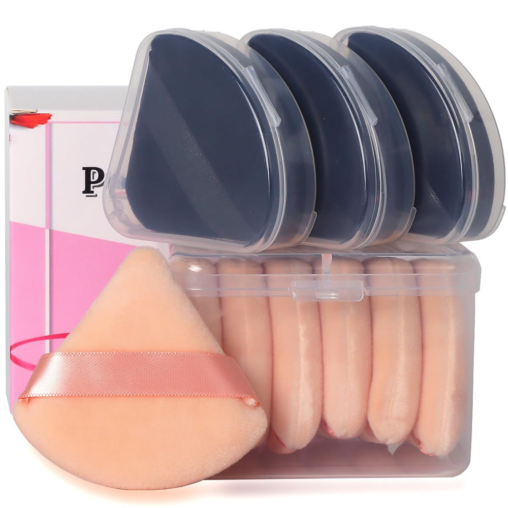Ocim triangle powder puff with velour texture for smooth, even powder application.