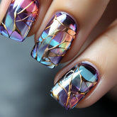 Unas OCOUYVD postizas cuadradas con rayas oro azul, look elegante para cualquier ocasión.