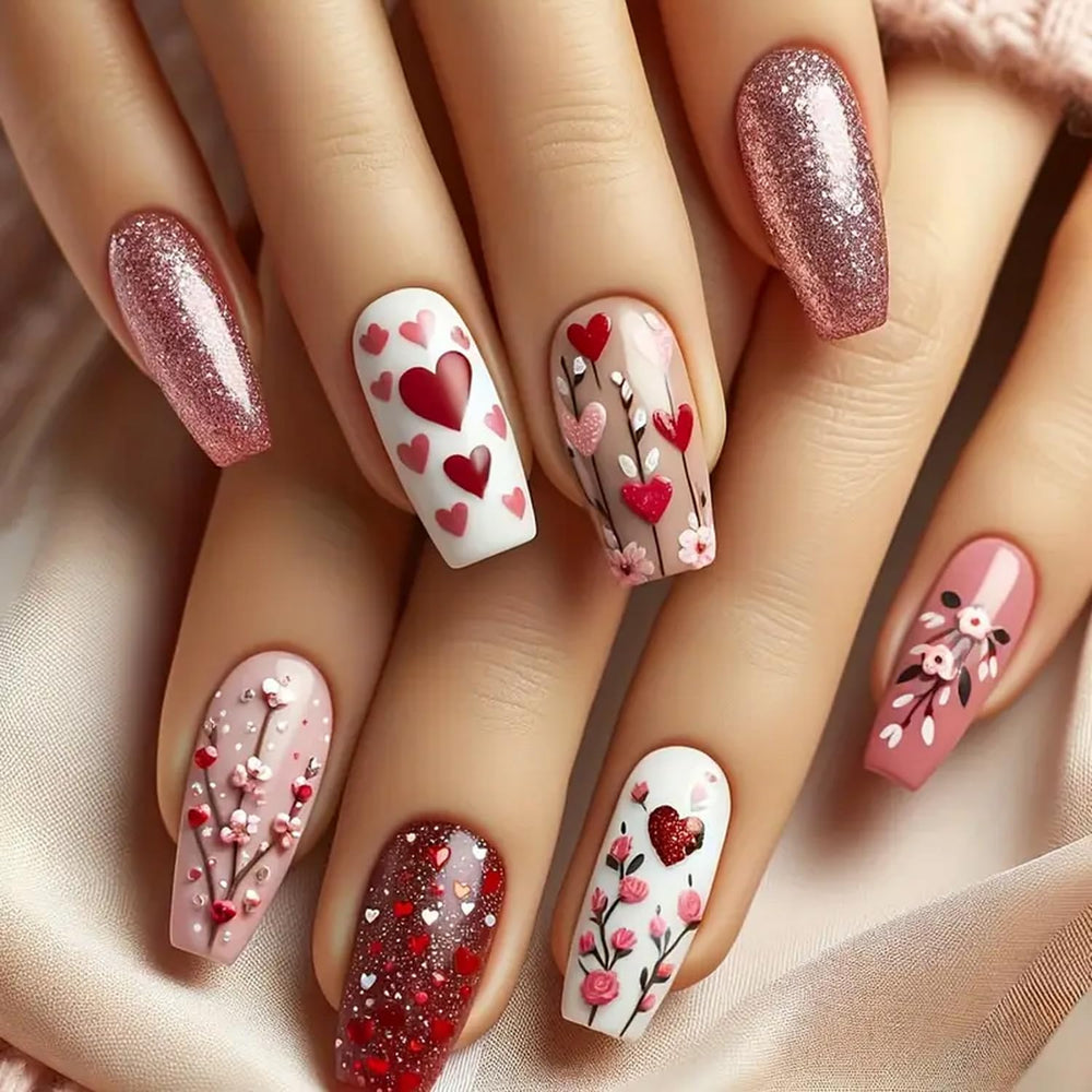 OCOUYVD valentines glitter nails with hearts and flowers for a romantic look
